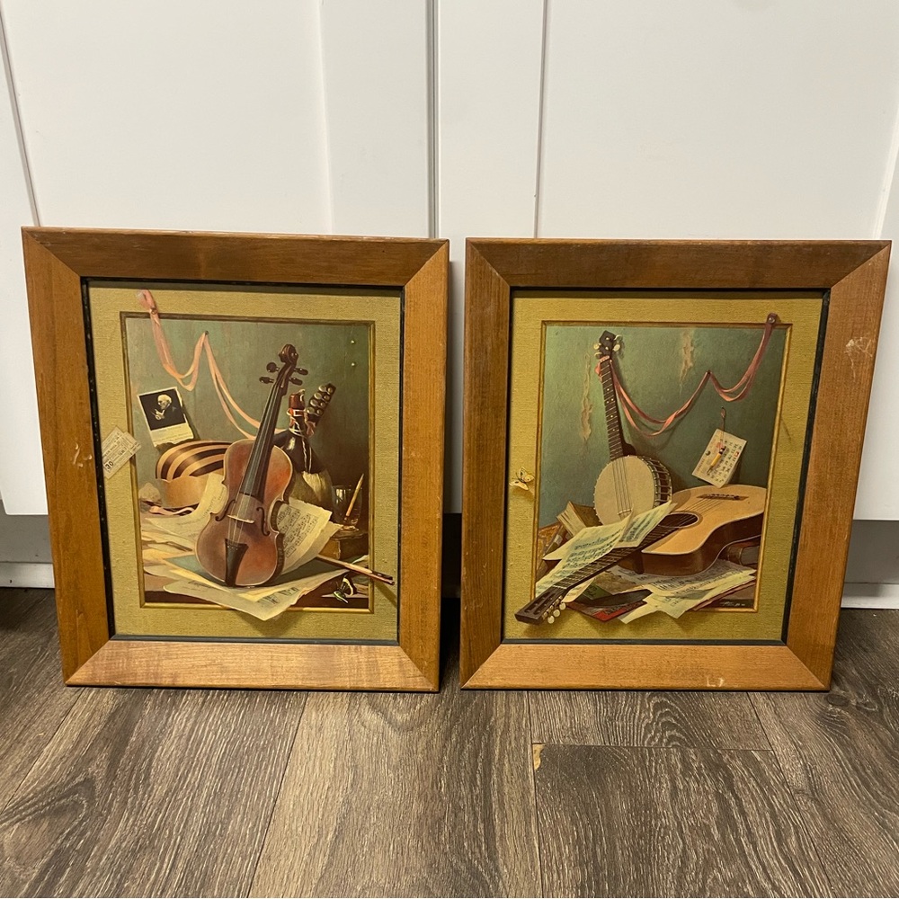 Vintage Musical Instrument Framed Art Set turner wall accessory old violin conte